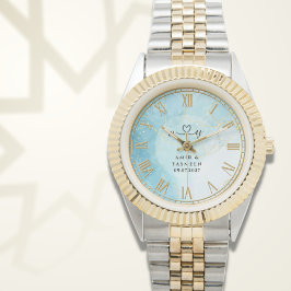 Personalized Blue Marble Men’s Two-Tone Gold & Sil 腕時計