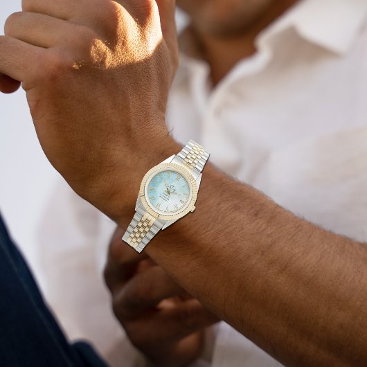Personalized Blue Marble Men’s Two-Tone Gold & Sil 腕時計
