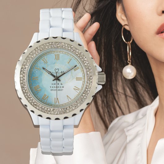 Personalized Blue Marble Women’s Rhinestone Watch 腕時計
