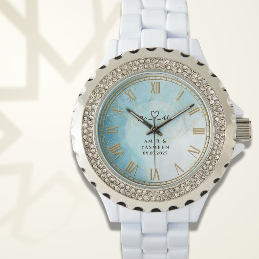 Personalized Blue Marble Women’s Rhinestone Watch  腕時計