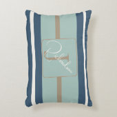 Personalized Blue Mint Tan Stripe Monogram Coastal アクセントクッション (正面(垂直))