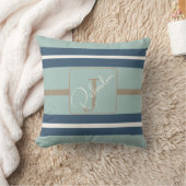 Personalized Blue Mint Tan Stripe Monogram Coastal クッション (ブランケット)