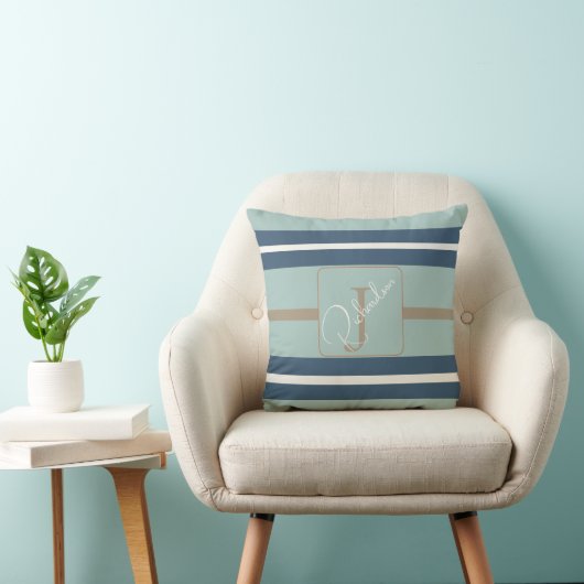 Personalized Blue Mint Tan Stripe Monogram Coastal クッション (椅子)