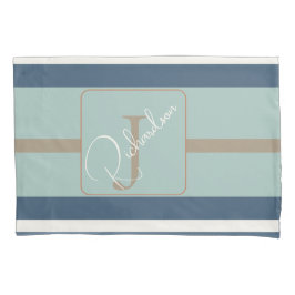 Personalized Blue Mint Tan Stripe Monogram Coastal 枕カバー