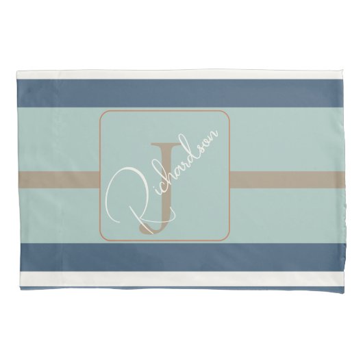 Personalized Blue Mint Tan Stripe Monogram Coastal 枕カバー (正面)