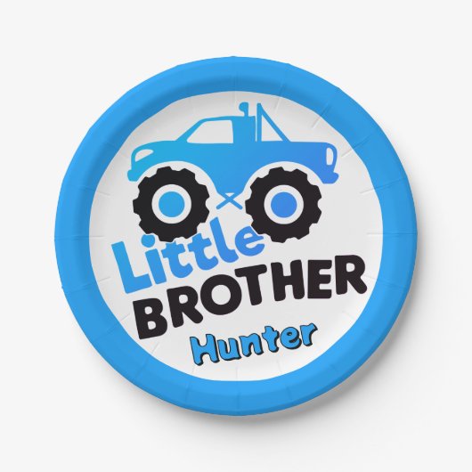 Personalized Blue Monster Truck Little Brother ペーパープレート (正面)