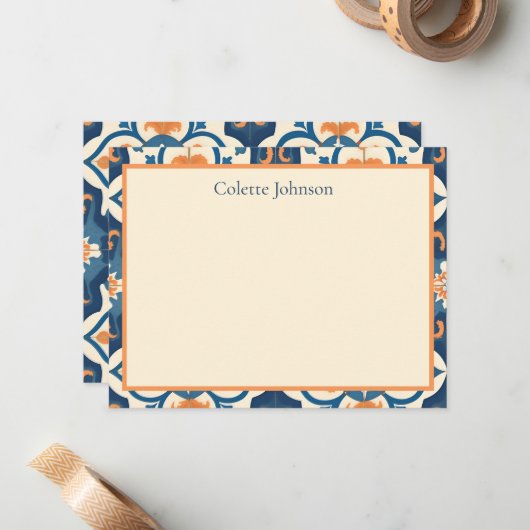 Personalized Blue Orange Tile Stationery ノートカード (正面/裏面インサイチュ)