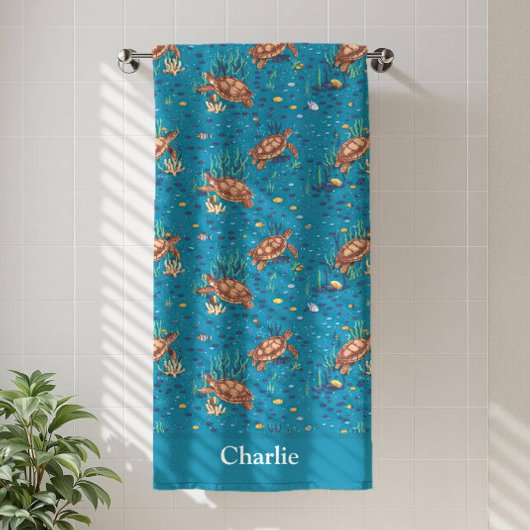 Personalized Blue Sea Turtle バスタオル