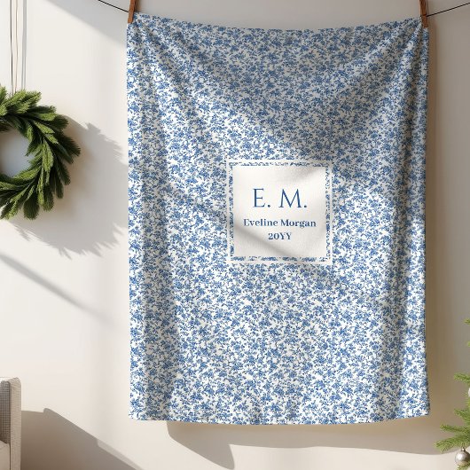 Personalized Blue Toile Floral Cozy Gift Blanket シェルパブランケット