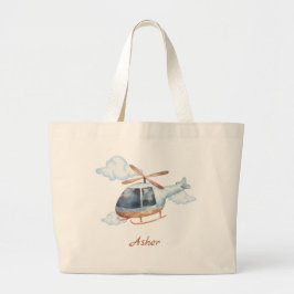 Personalized Blue Watercolor Helicopter for Boys ラージトートバッグ
