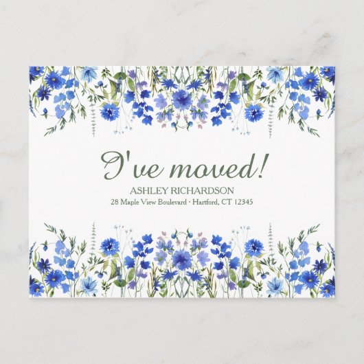 Personalized Blue Wildflower I've Moved Postcard ポストカード (正面)