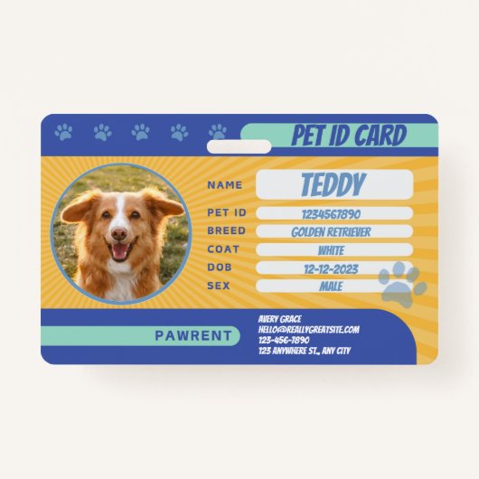 Personalized Blue Yellow Green Dog Photo ID Badge バッジ (正面)