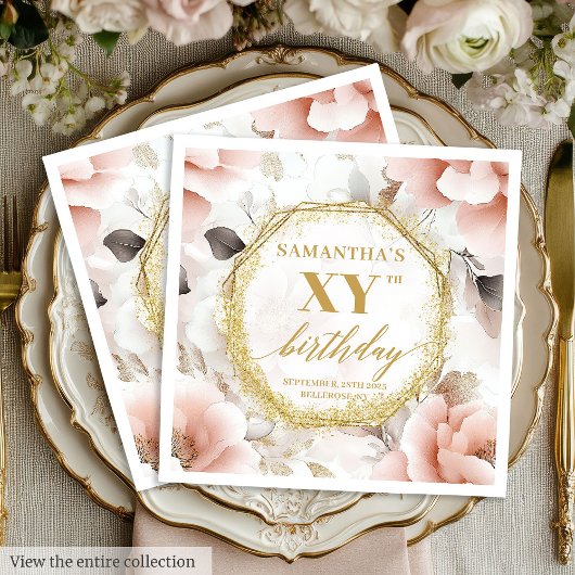 Personalized Blush 80 Birthday Napkins Gold Script スタンダードカクテルナプキン