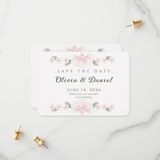 Personalized Blush Floral Save the Date Card セーブザデート (正面/裏面インサイチュ)