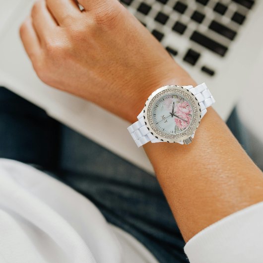 Personalized Blush Peony Floral Monogram Women’s 腕時計