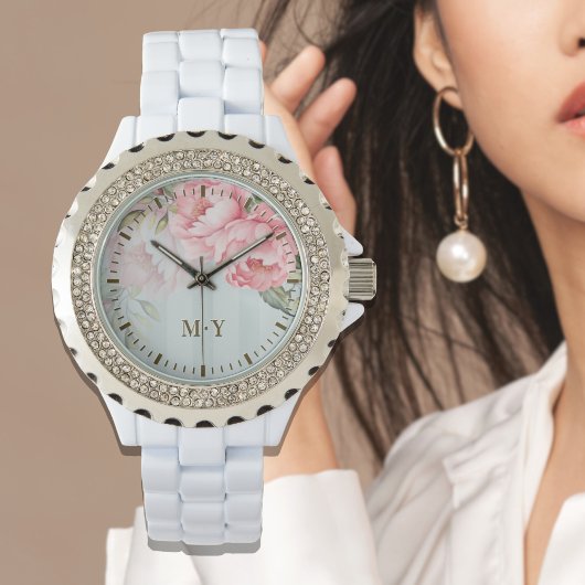 Personalized Blush Peony Floral Monogram Women’s 腕時計