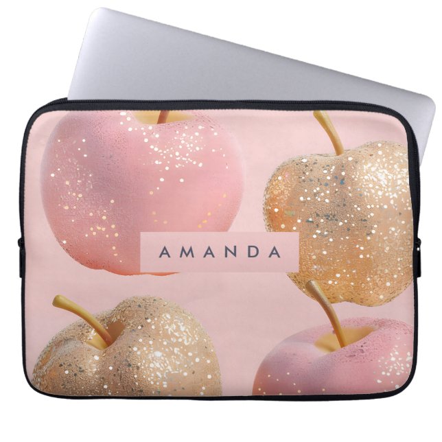 Personalized Blush Pink and Gold Glitter Apple  ラップトップスリーブ (正面)