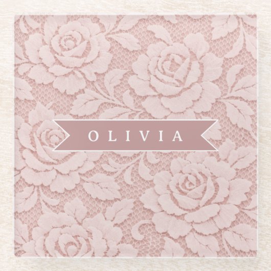 Personalized Blush Pink Lace Floral Romantic ガラスコースター (正面)