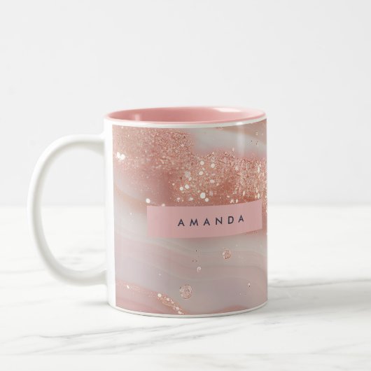 Personalized Blush Rose Gold Marble Sparkle ツートーンマグカップ (左)