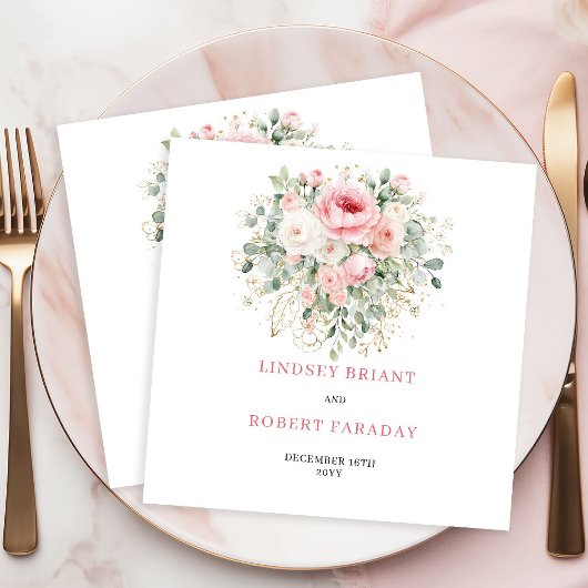 Personalized Boho Blush Rose Greenery Gold Wedding スタンダードカクテルナプキン