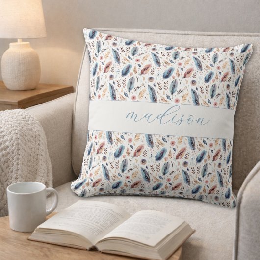 Personalized Boho Feather Floral クッション