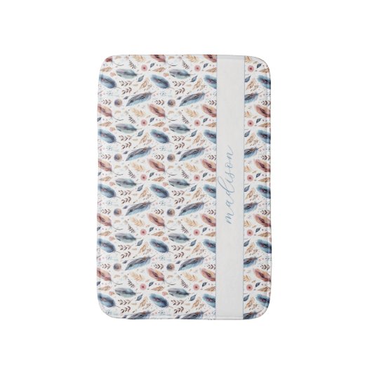 Personalized Boho Feather Floral バスマット (正面縦)