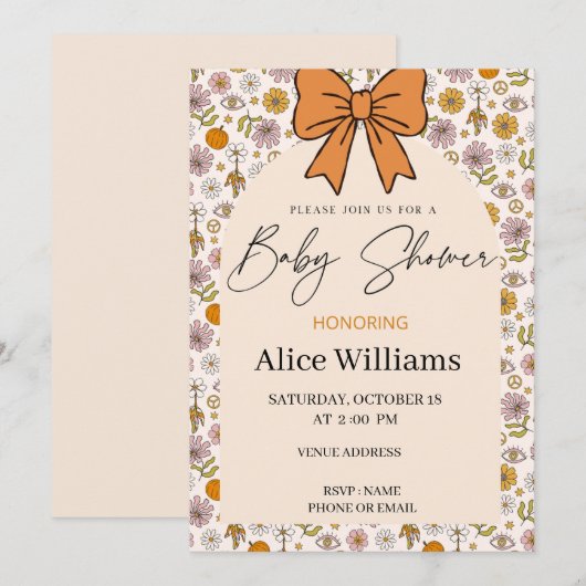 Personalized Boho Floral Bow Baby Shower Invite 招待状 (正面/裏面)