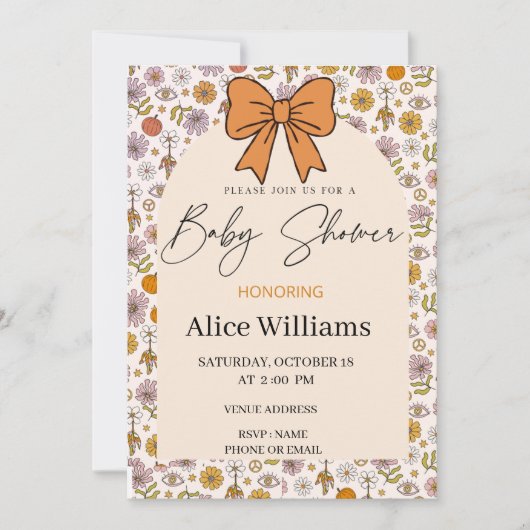 Personalized Boho Floral Bow Baby Shower Invite 招待状 (正面)