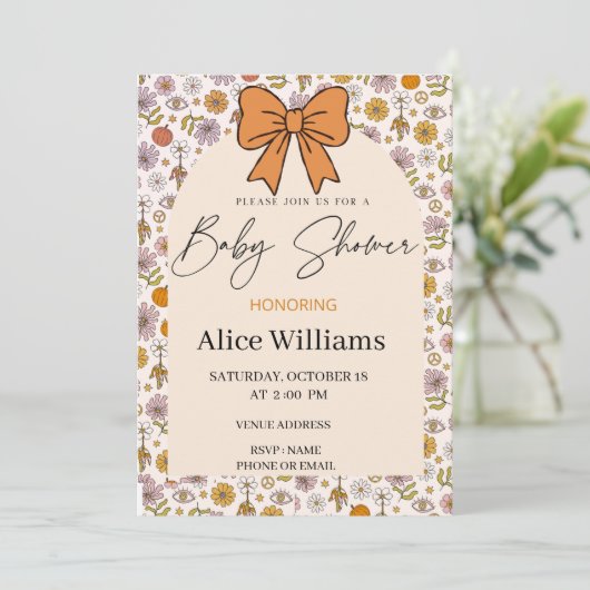 Personalized Boho Floral Bow Baby Shower Invite 招待状 (スタンド正面)