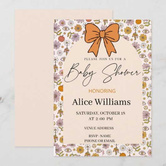 Personalized Boho Floral Bow Baby Shower Invite 招待状 (正面/裏面)