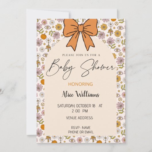 Personalized Boho Floral Bow Baby Shower Invite 招待状 (正面)