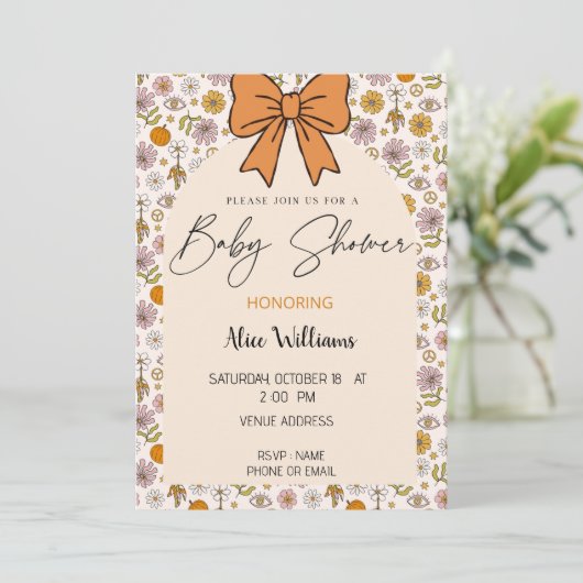 Personalized Boho Floral Bow Baby Shower Invite 招待状 (スタンド正面)