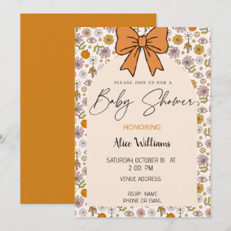 Personalized Boho Floral Bow Baby Shower Invite 招待状