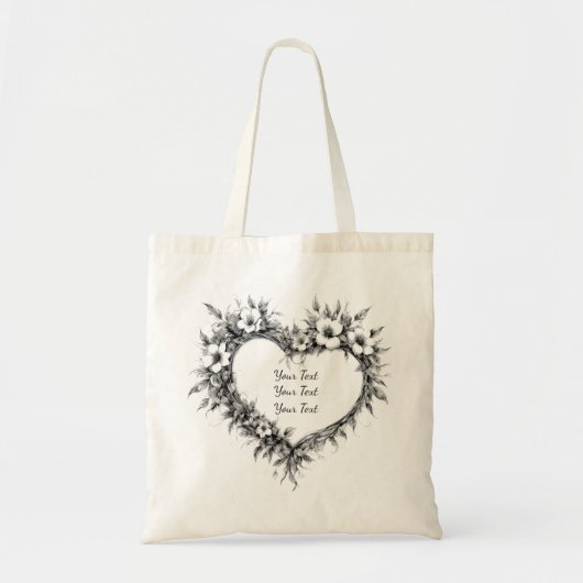 Personalized Boho Floral Heart Tote トートバッグ (正面)
