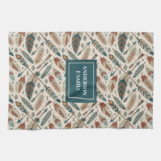 Personalized Boho Towel Ethnic Feathers & Arrows キッチンタオル (横)