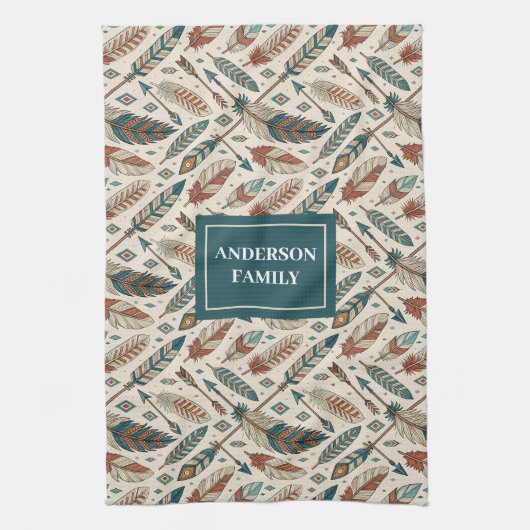 Personalized Boho Towel Ethnic Feathers & Arrows キッチンタオル (縦)