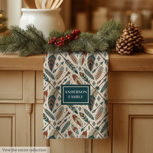 Personalized Boho Towel Ethnic Feathers & Arrows キッチンタオル