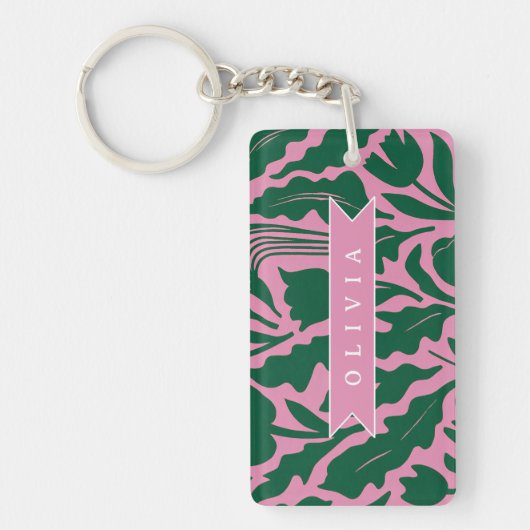 Personalized Bold Pink Botanical Floral Name Gift キーホルダー (正面)