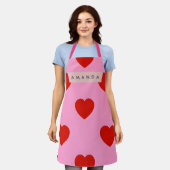 Personalized Bold Red Hearts on Soft Pink エプロン (着用した状態)