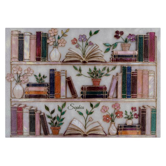 Personalized Book Lover Cutting Board Floral Books カッティングボード (正面)
