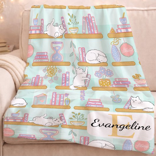 Personalized Bookish Cat Gift Green Pastel Name シェルパブランケット