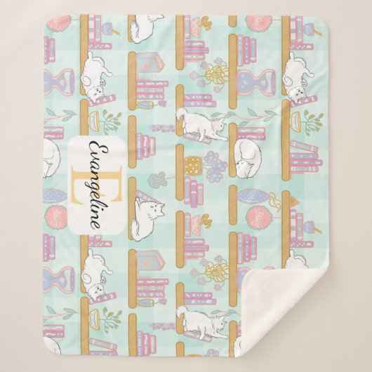 Personalized Bookish Cat Gift Green Pastel Name シェルパブランケット (正面)