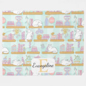 Personalized Bookish Cat Gift Green Pastel Name フリースブランケット (正面(横))