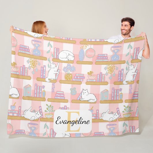 Personalized Bookish Cat Gift Pink Pastel Name フリースブランケット (インサイチュ)