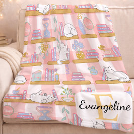 Personalized Bookish Cat Gift Pink Pastel Name フリースブランケット