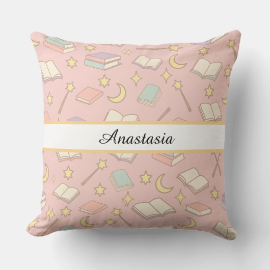 Personalized Bookish Girl Wizard Magic Name Pink クッション (正面)