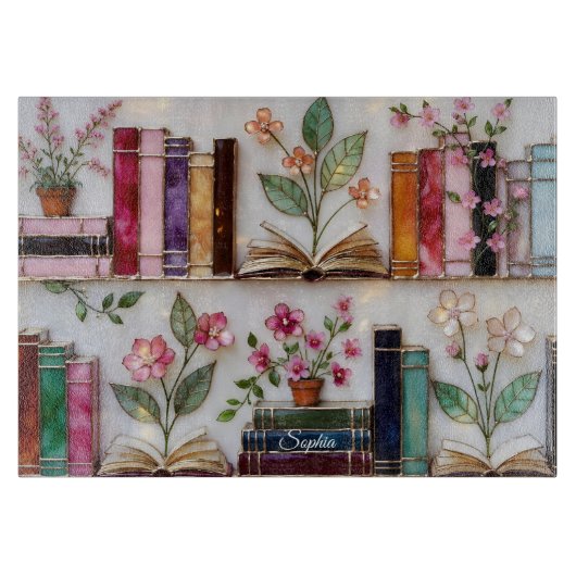 Personalized Bookshelf Floral Cutting Board Gift カッティングボード (正面)