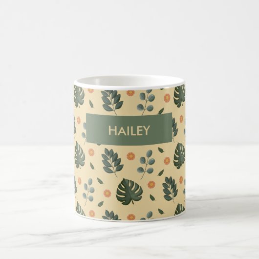 Personalized Botanical Name Cream and Sage Green コーヒーマグカップ (中央)