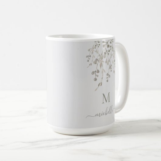 Personalized Botanical Watercolor Monogram Gray コーヒーマグカップ (正面右)
