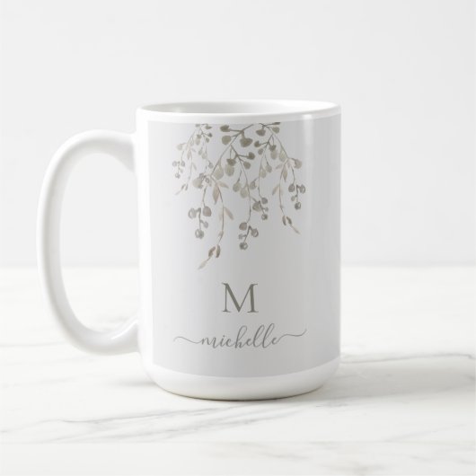 Personalized Botanical Watercolor Monogram Gray コーヒーマグカップ (左)